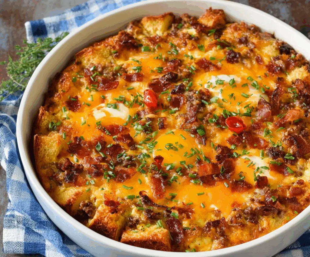 Delicious loaded overnight breakfast casserole with eggs, cheese, and vegetables served in a baking dish.