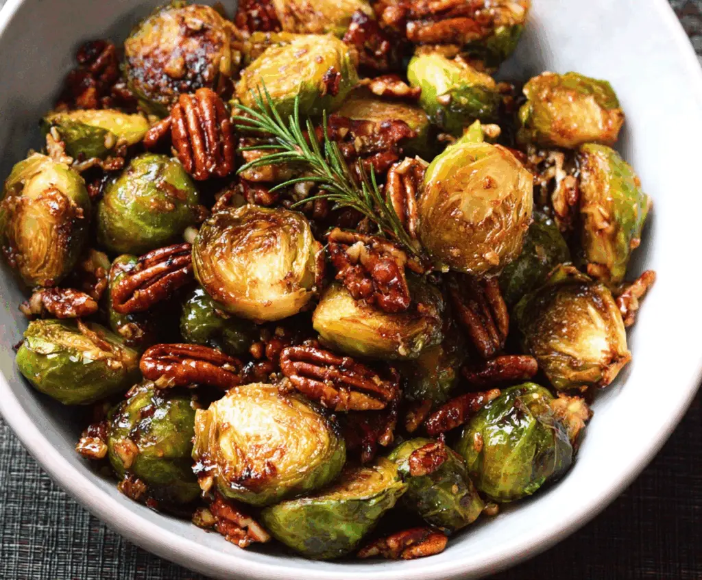 Delicious Maple Pecan Roasted Brussels Sprouts garnished with caramelized pecans on a white plate.