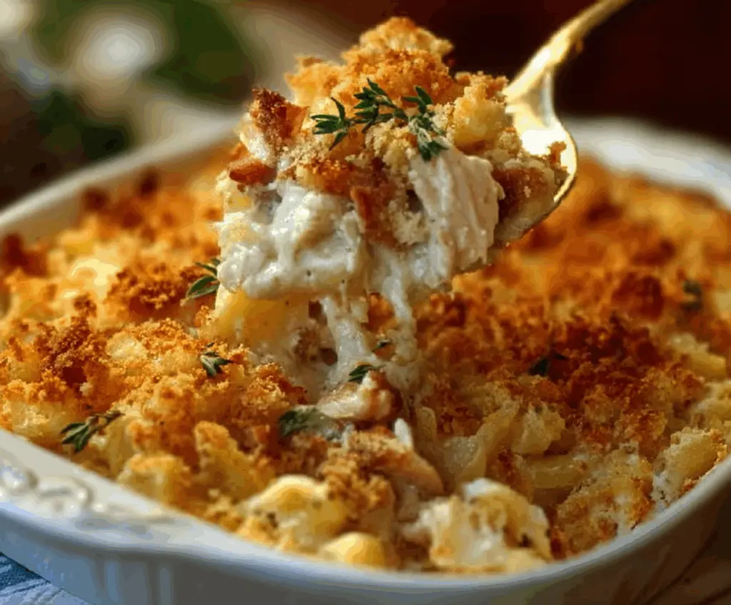 Delicious Neiman Marcus Chicken Casserole with melted cheese and crispy toppings.