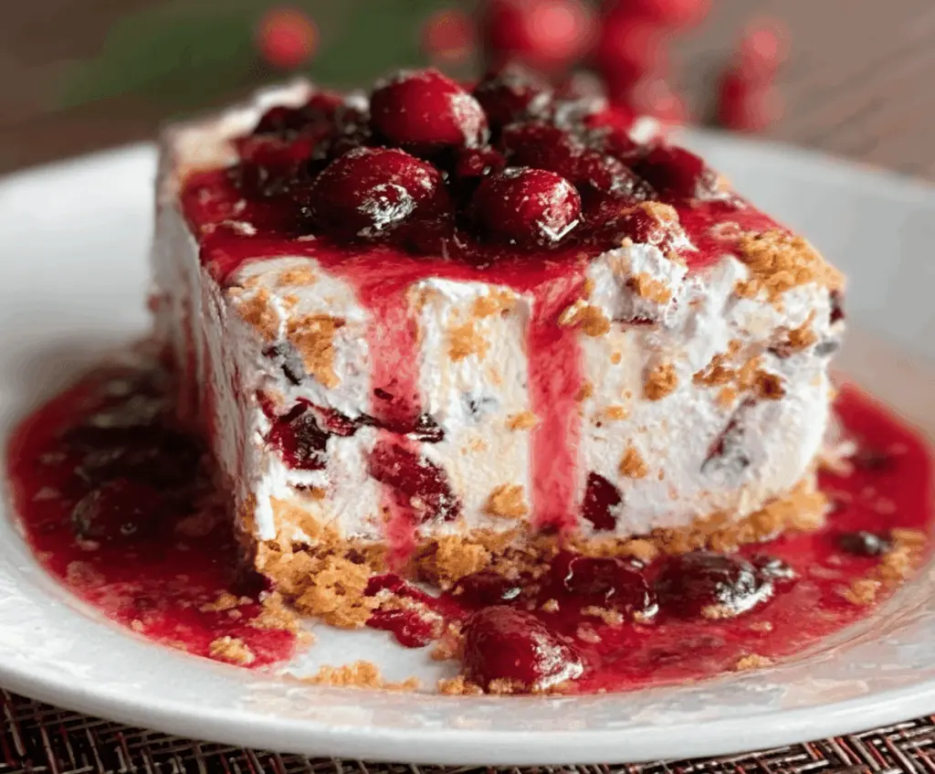 Delicious No-Bake Cranberry Yum Yum dessert with fresh cranberries and creamy topping.