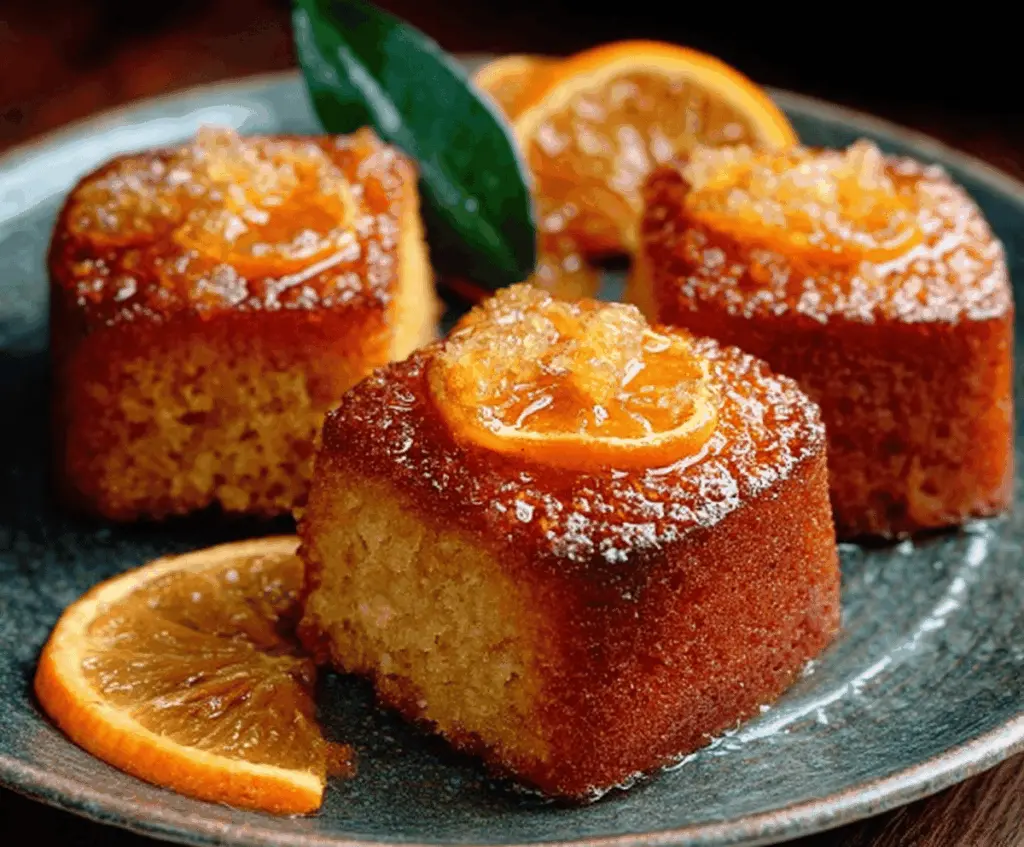 Delicious Orange Ginger Honey Cakes with a golden crust and citrus glaze on a serving platter.