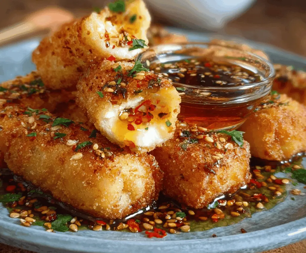 Golden oven-fried feta rolls drizzled with spicy chili honey on a white plate.