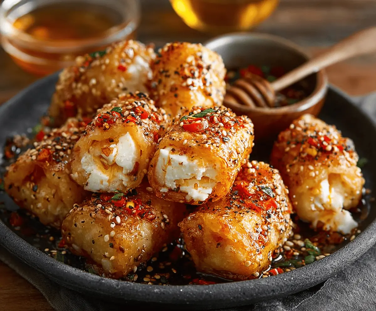 Crispy Oven Fried Feta Rolls with Chili Honey