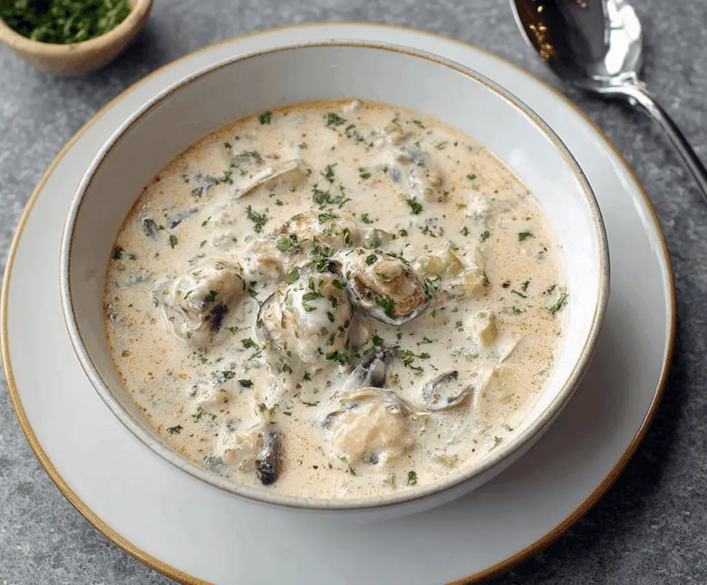 Delicious oyster stew served in a rustic bowl, perfect for seafood lovers.