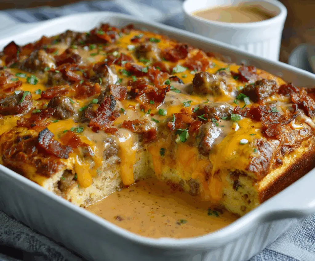 Delicious pancake sausage casserole topped with fresh berries and syrup, ready to serve for breakfast or brunch.