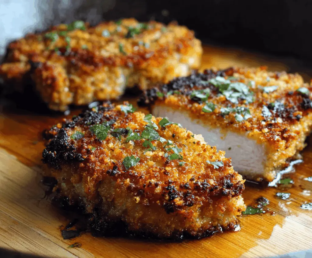 Delicious Parmesan crusted pork chops served with a side of vegetables on a white plate.