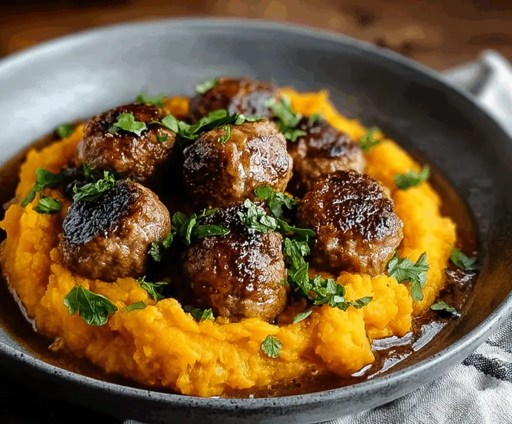 Delicious pork meatballs served with creamy sweet potato mash on a white plate.