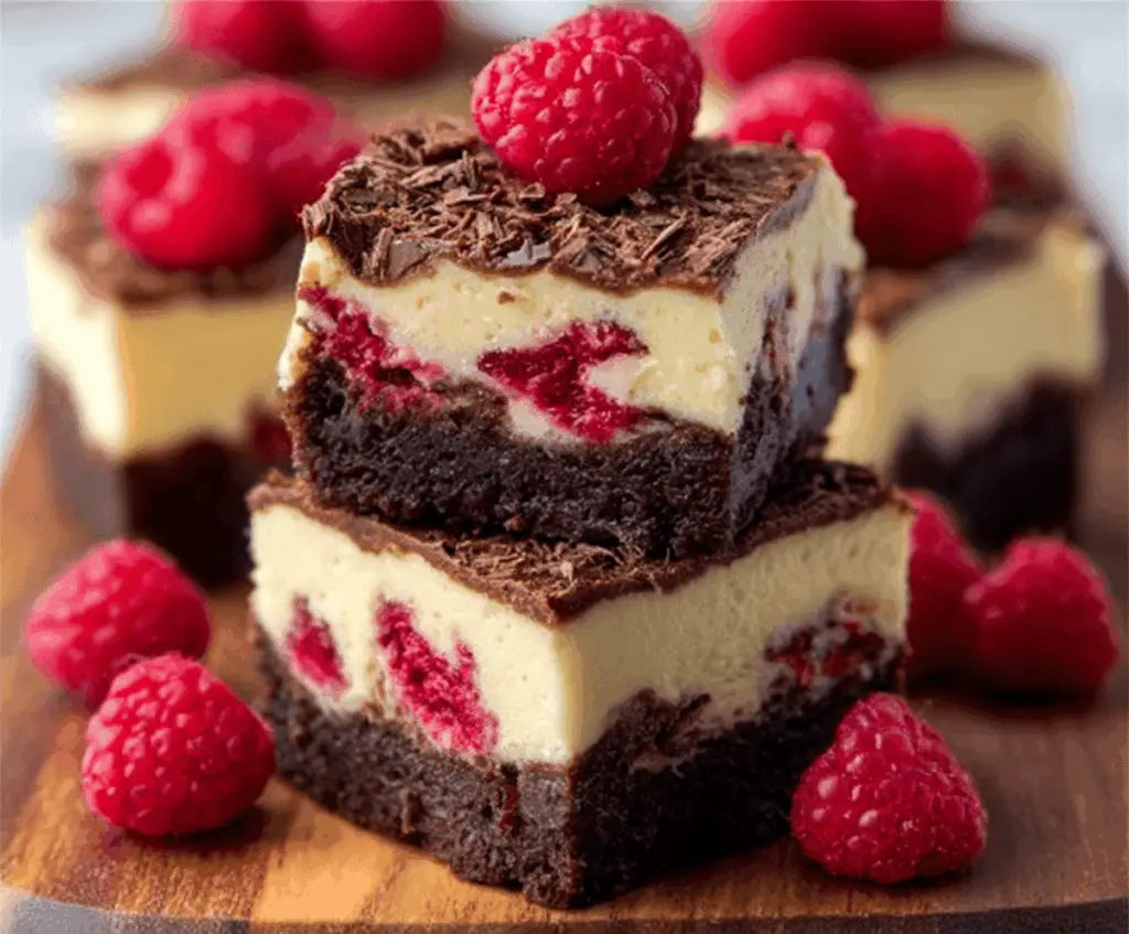 Delicious raspberry brownie cheesecake topped with fresh raspberries and a creamy cheesecake layer.