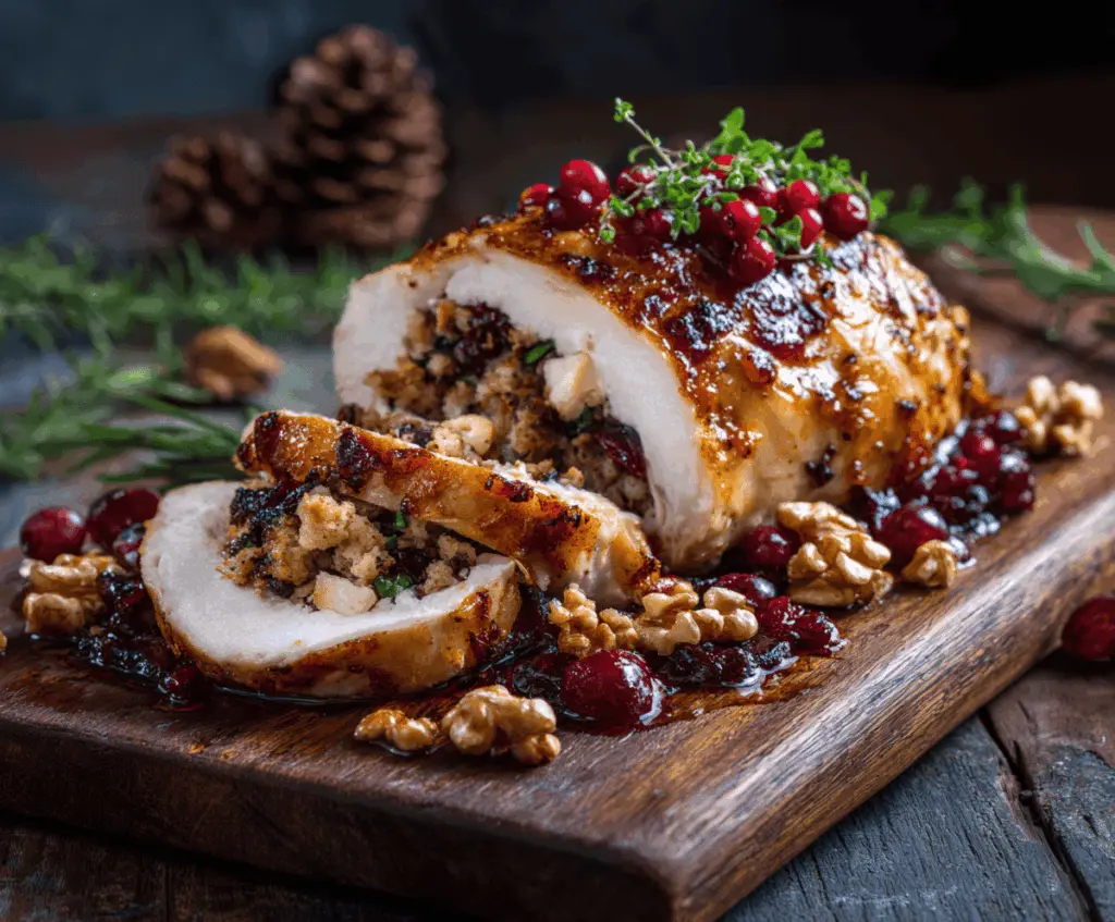 Juicy roast turkey breast topped with cranberry and walnut stuffing, served on a festive platter.