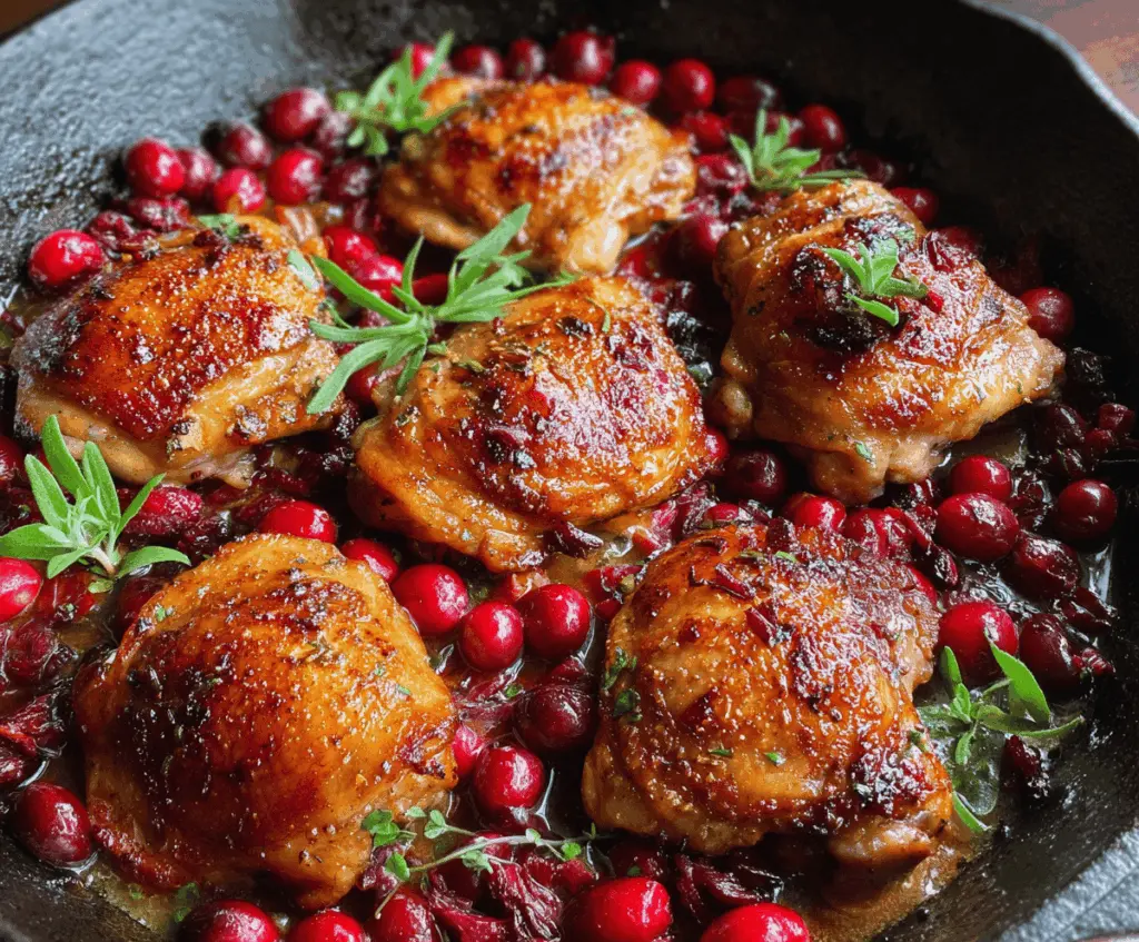 Delicious roasted cranberry chicken thighs served with fresh herbs and colorful vegetables.