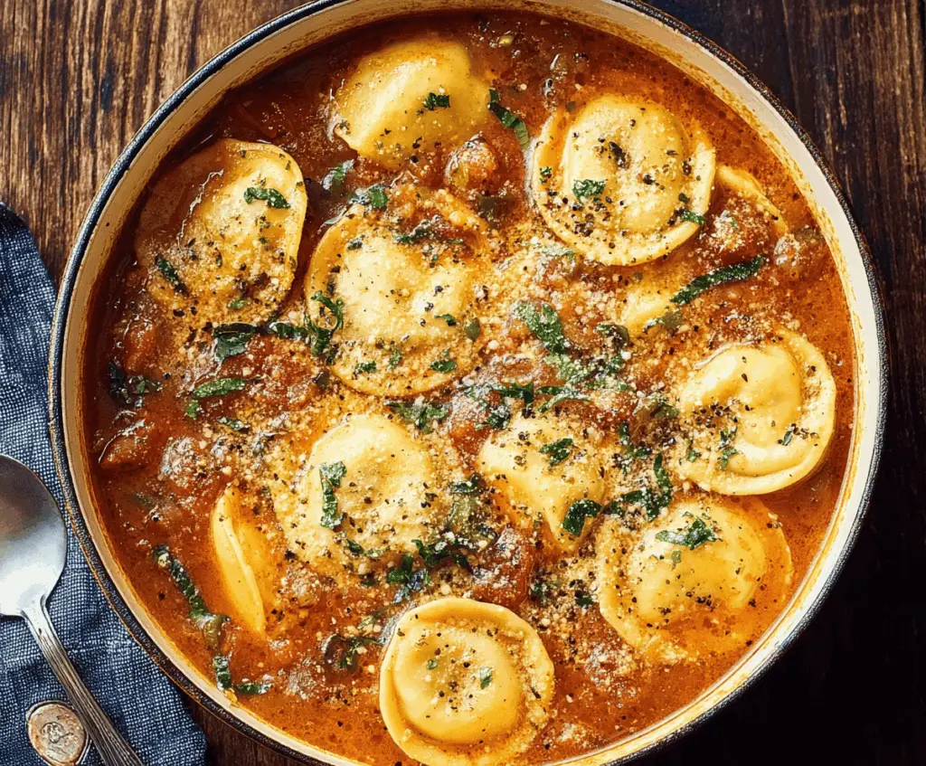 Hearty ravioli soup served in a bowl with fresh herbs and grated cheese.