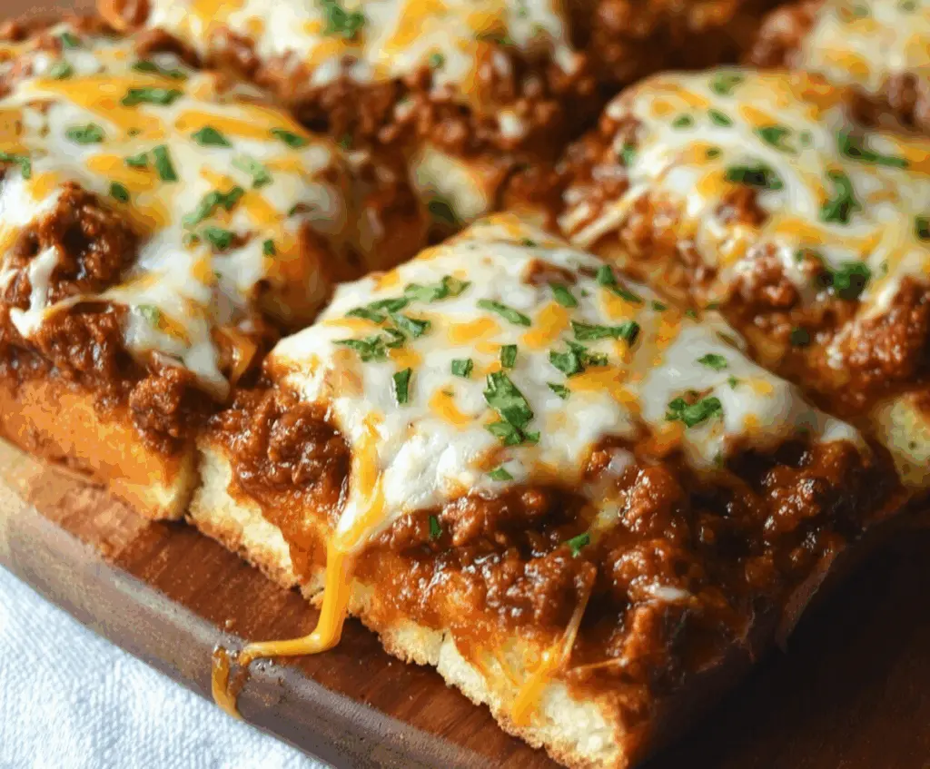 Delicious Sloppy Joe Garlic Bread topped with melted cheese and herbs.