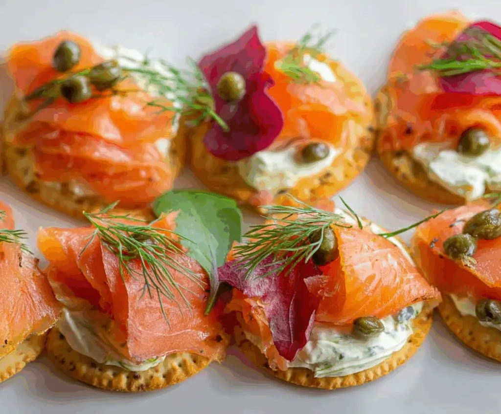 Delicious smoked salmon appetizer with fresh herbs and lemon slices on a serving platter.