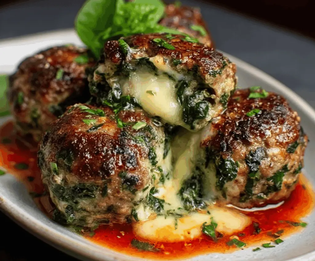 Delicious spinach garlic meatballs stuffed with melted mozzarella cheese, served on a plate.