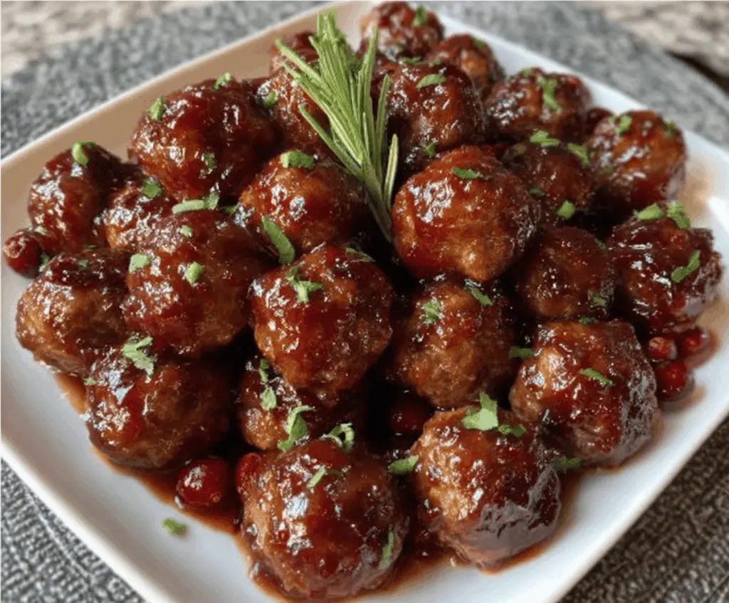 Delicious sweet and savory cranberry meatballs served on a plate, perfect for appetizers or family dinner.