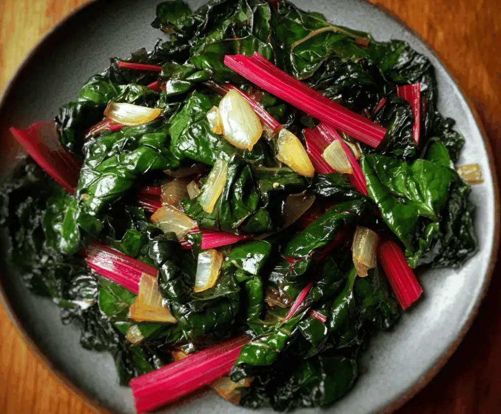 Delicious Swiss Chard with Onions and Garlic, a healthy sautéed vegetable dish.