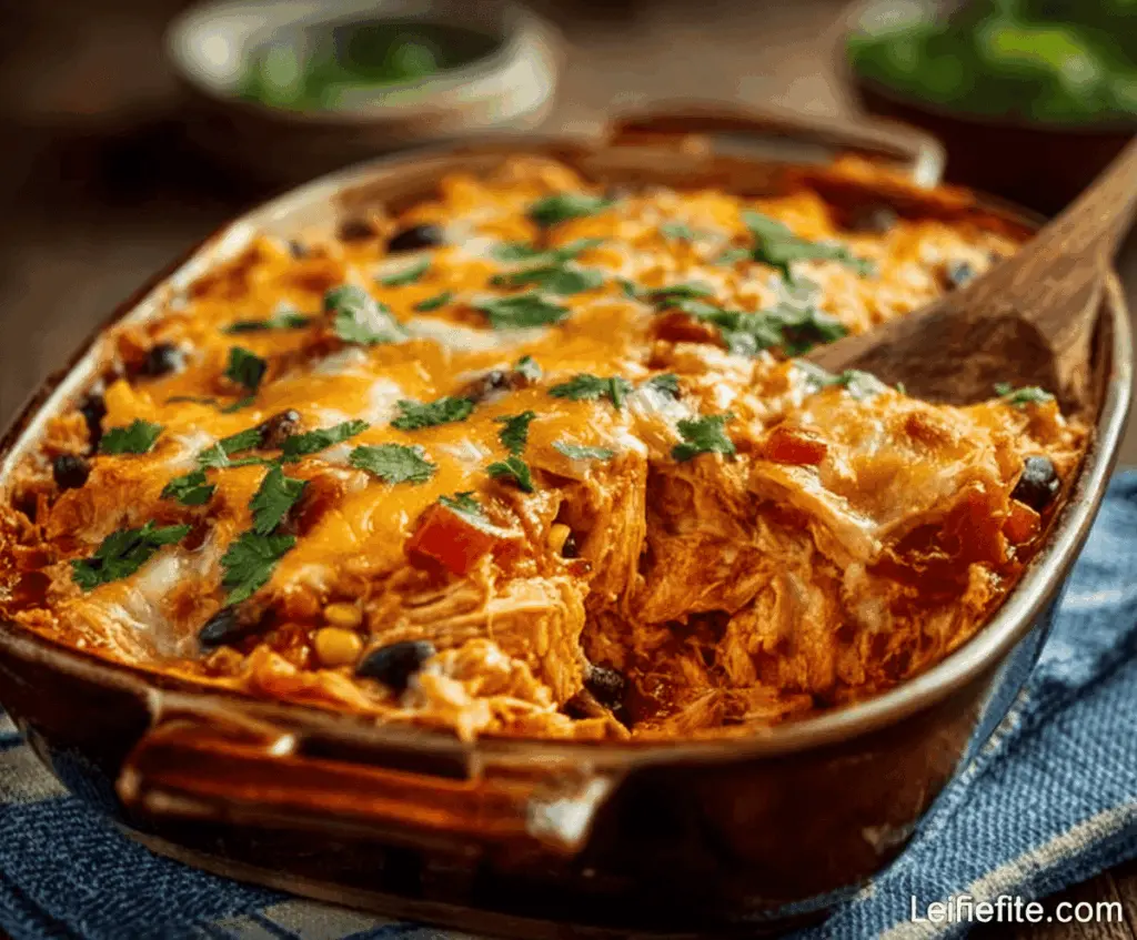 Delicious Tex-Mex Chicken Casserole featuring melted cheese, seasoned chicken, and vibrant peppers in a baked dish.
