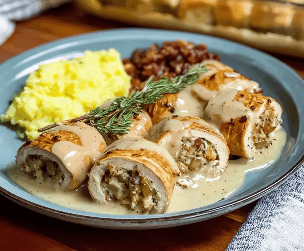 Delicious turkey and stuffing roll ups topped with creamy gravy on a festive plate.