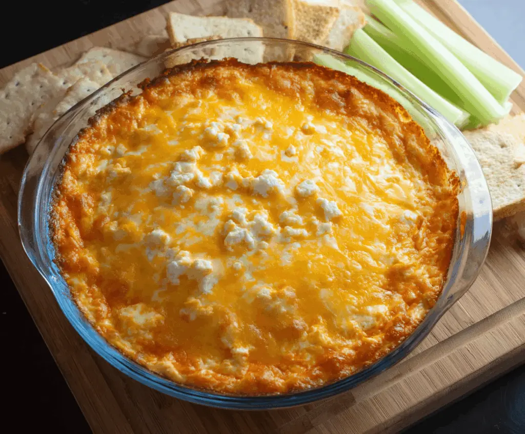Creamy Buffalo Chicken Dip served with celery sticks and tortilla chips, perfect for game day or parties.