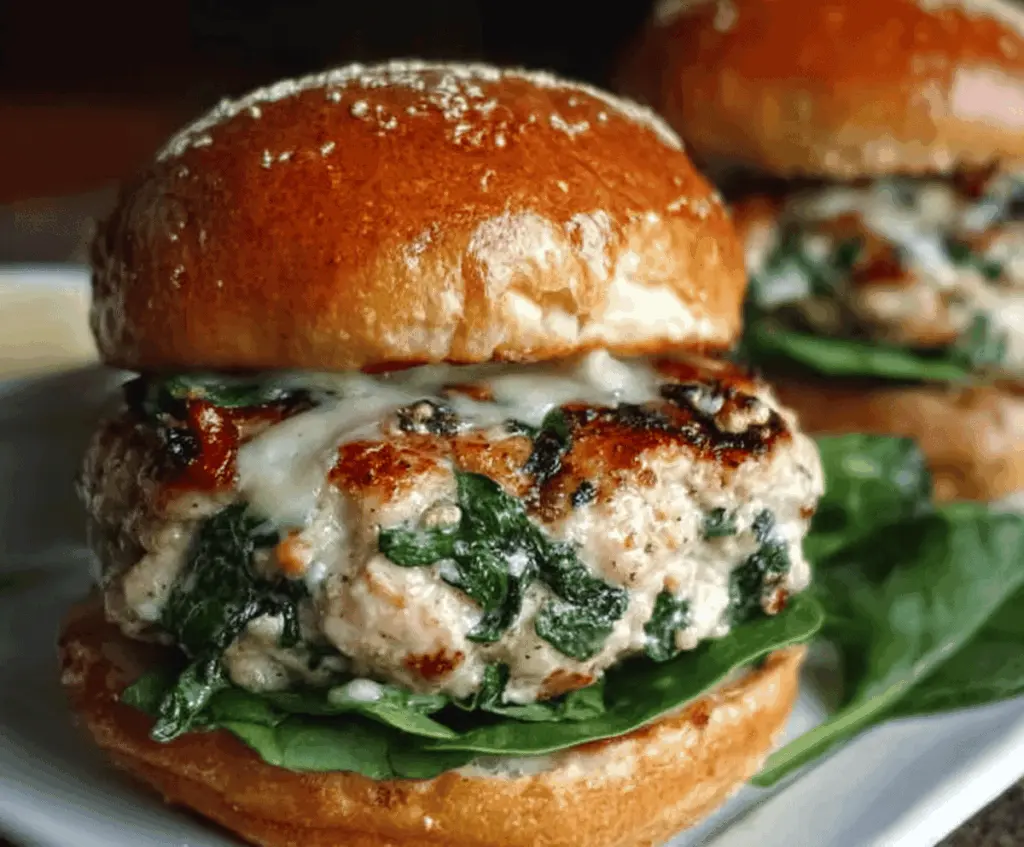 Delicious homemade white cheddar and spinach chicken burgers on a plate