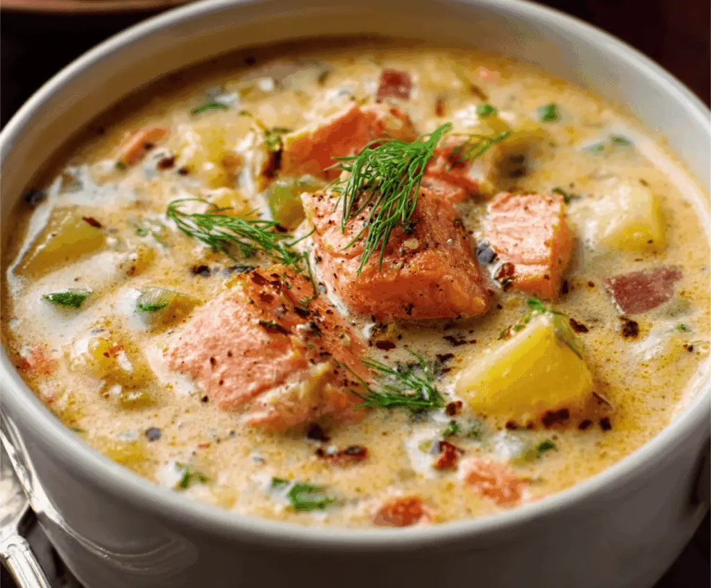 Creamy wild salmon chowder served in a bowl with fresh herbs and vegetables, perfect for a hearty seafood meal.