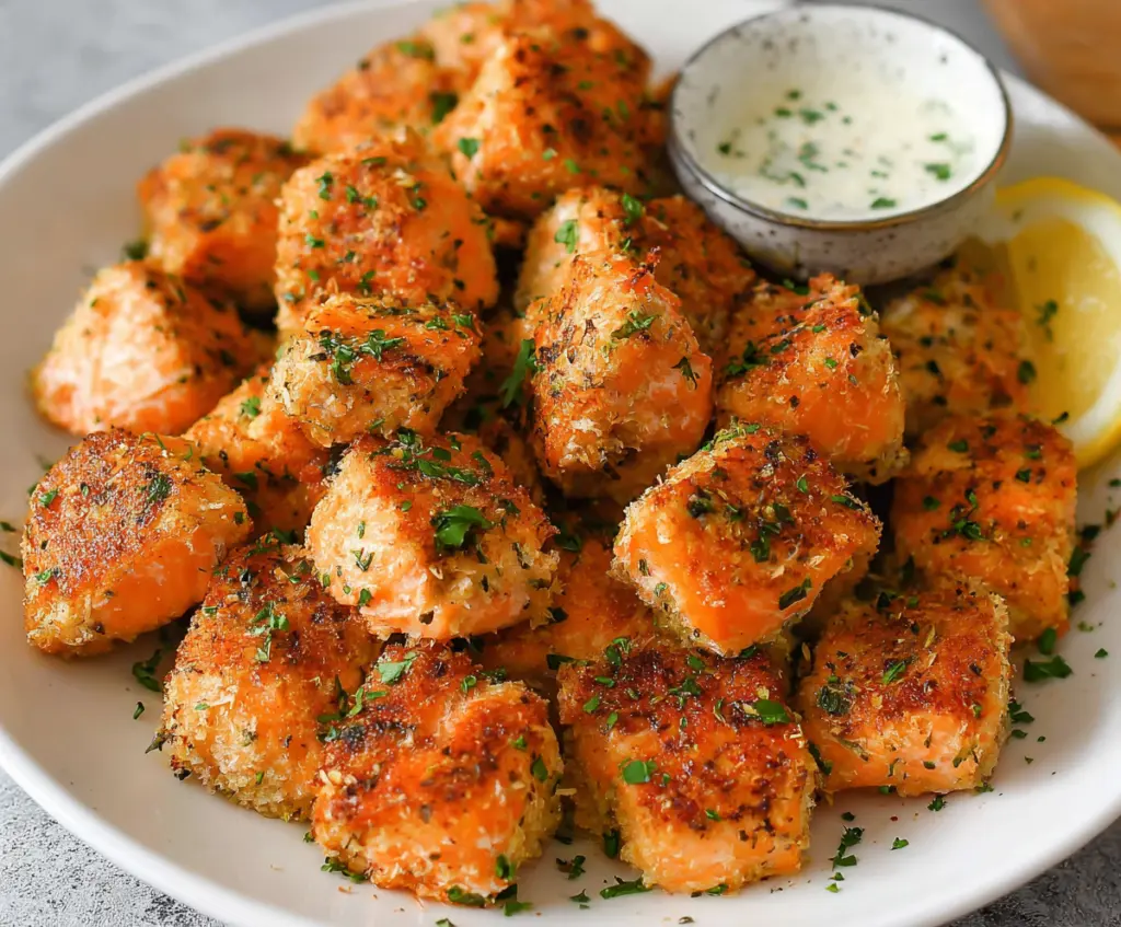 Delicious crispy Air Fryer Salmon Bites served on a white plate with lemon wedges