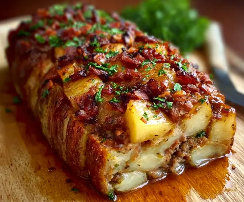 Delicious Bacon and Sausage-Stuffed Potato Loaf served on a platter, garnished with herbs.