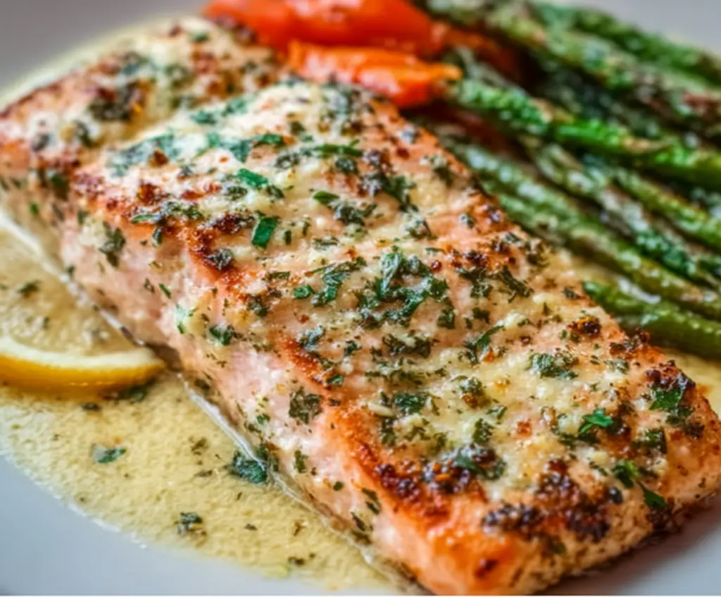 Delicious baked Boursin salmon recipe garnished with herbs on a white plate.