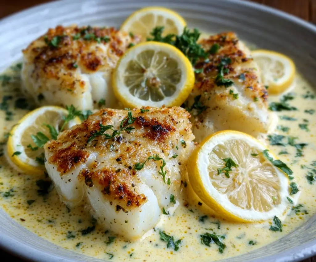 Delicious baked cod fillet topped with creamy coconut lemon sauce, perfect for a flavorful seafood dish