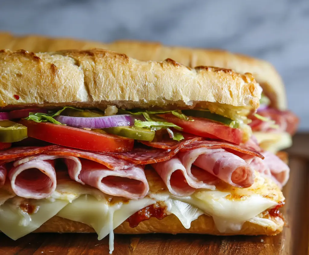 Delicious baked Italian sub sandwiches with melted cheese, fresh meats, and vegetables on a crispy hoagie bun.