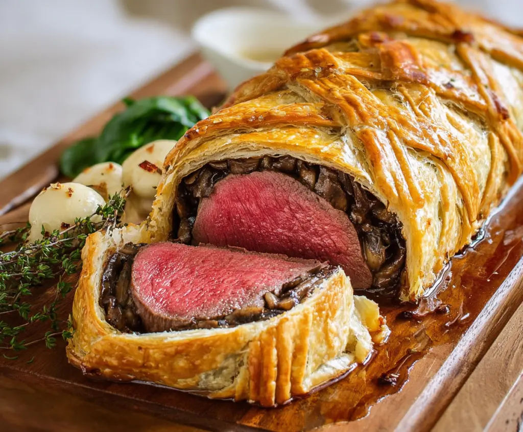 Golden brown Beef Wellington served with a side of vegetables on a white plate.