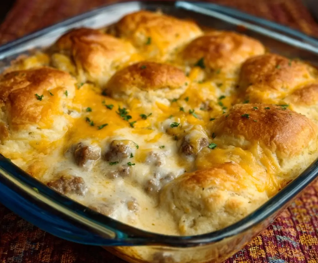 Delicious Biscuits and Gravy Breakfast Casserole with golden-brown biscuits and savory gravy topping