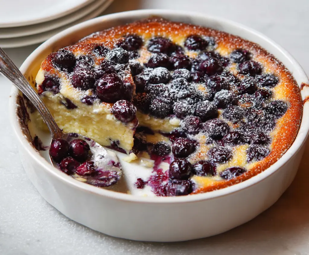 Delicious Blueberry-Ginger Clafoutis dessert with fresh blueberries and ginger slices.