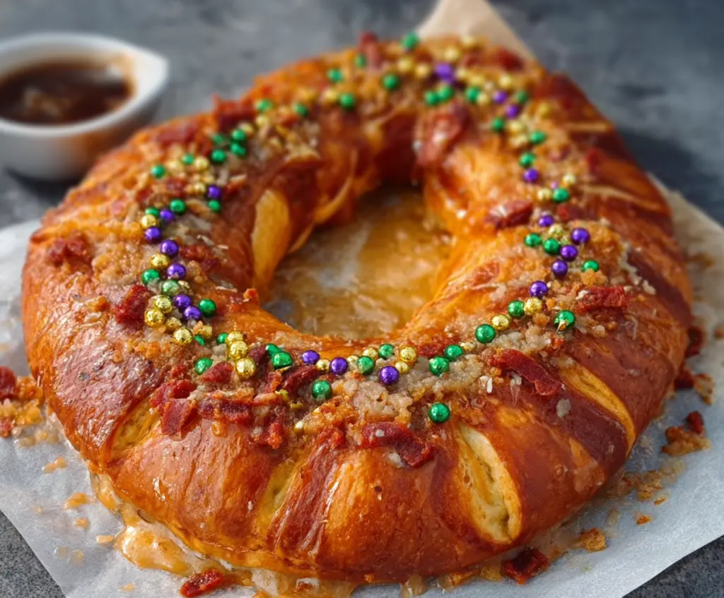 Festive Boudin King Cake decorated with colorful icing and sprinkles for Mardi Gras celebration