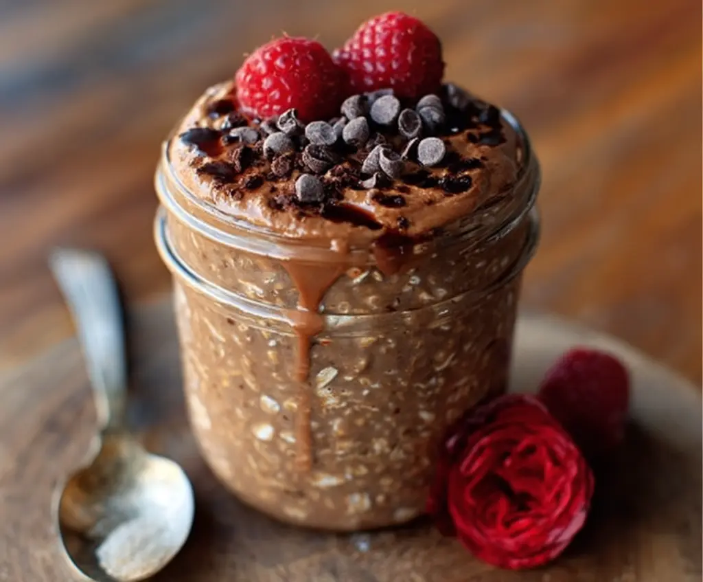 Creamy brownie batter overnight oats topped with chocolate shavings and fresh berries