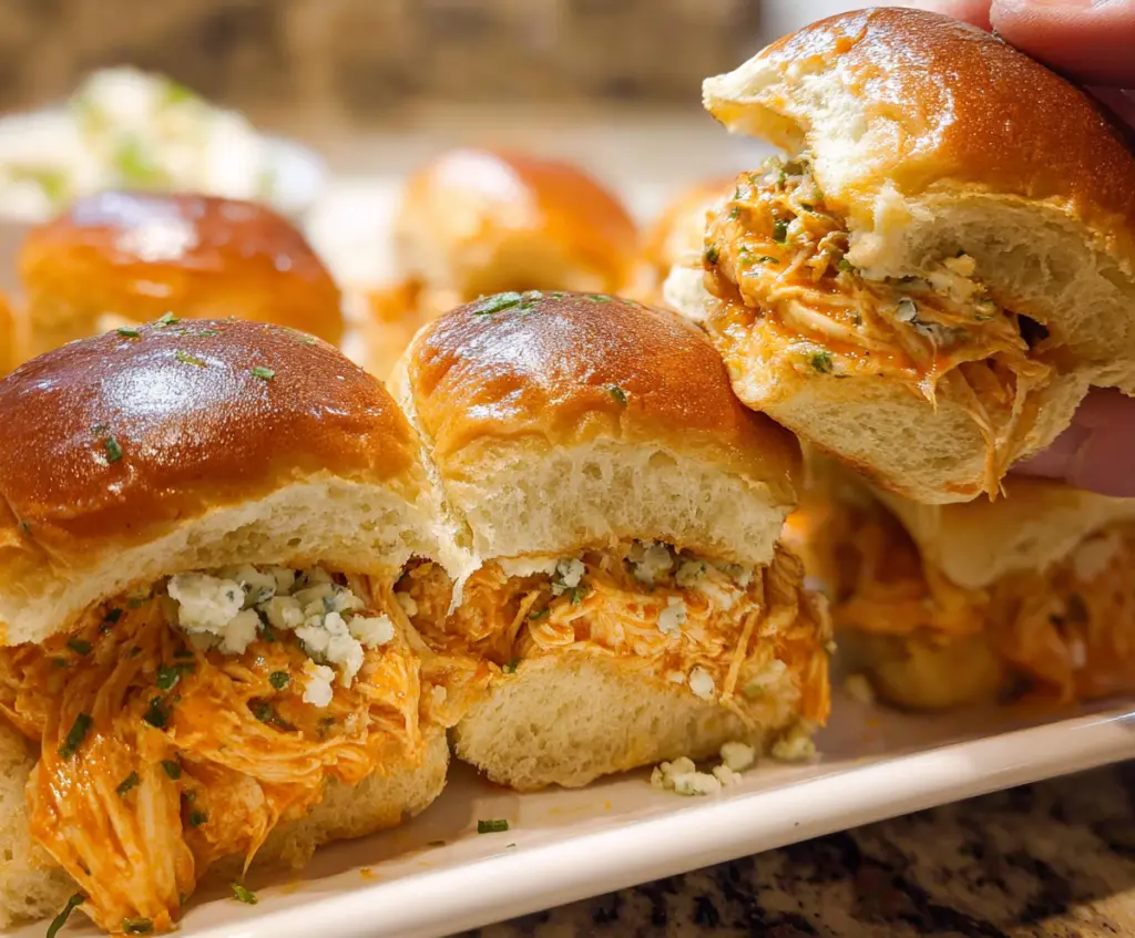 Delicious Buffalo Chicken Sliders with spicy chicken filling and creamy toppings on soft slider buns