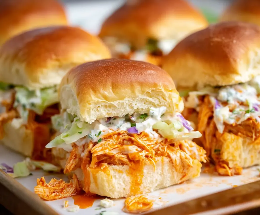 Delicious buffalo chicken sliders garnished with fresh herbs on a plate for appetizer or snack.