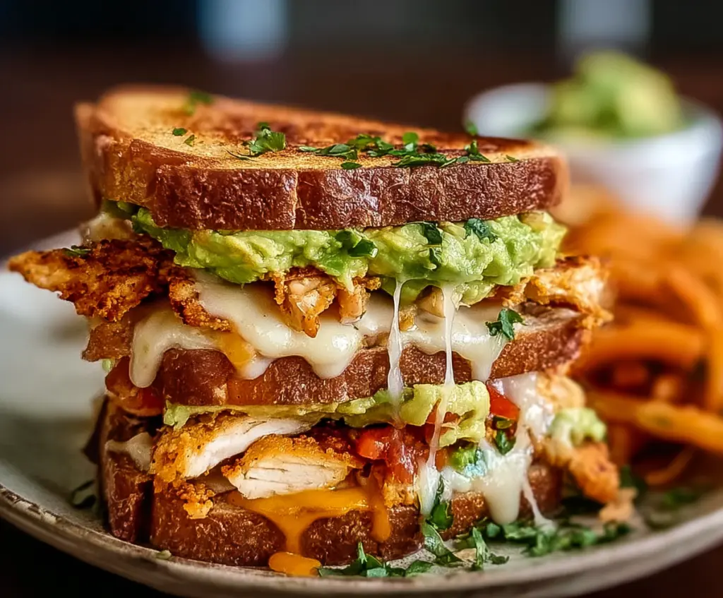 Delicious chicken and avocado melt sandwich on toasted bread, perfect for a tasty lunch.