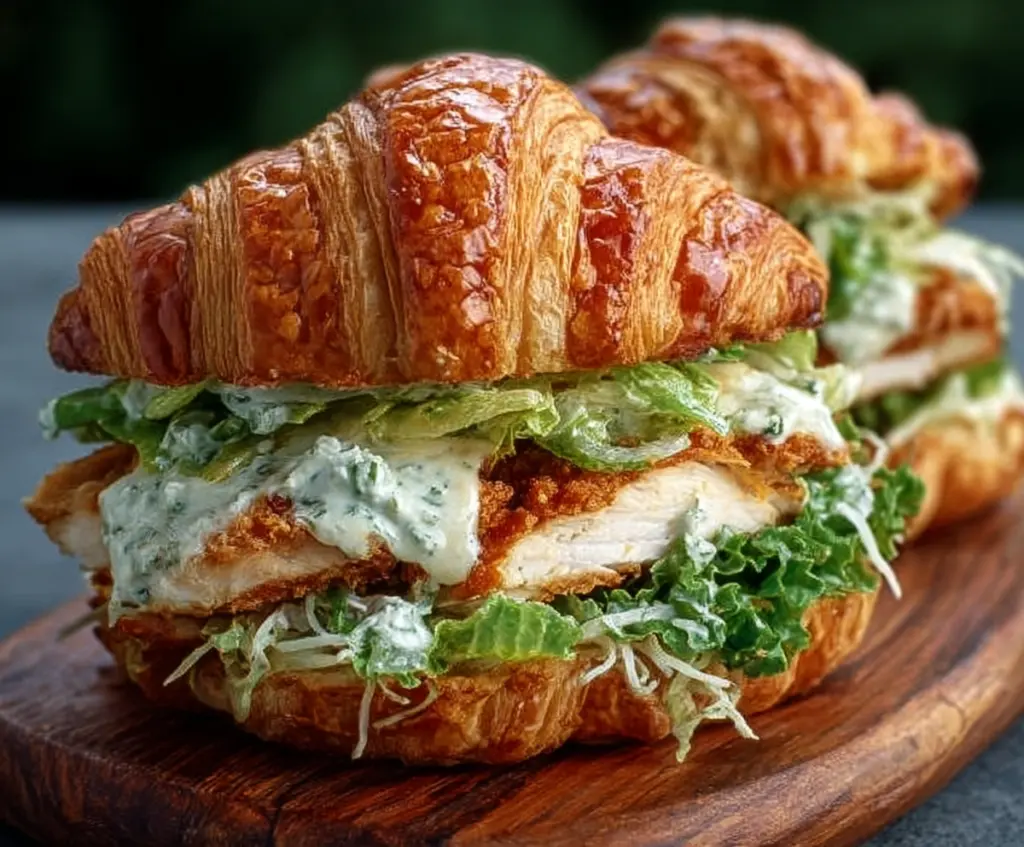 Delicious Chicken Caesar Croissant Sandwich with fresh lettuce and creamy Caesar dressing.