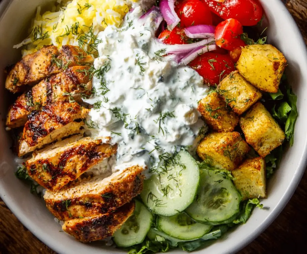 Healthy Chicken Tzatziki Bowl with fresh cucumbers, tomatoes, and herbs in a bowl.