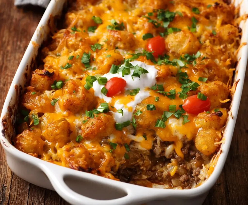Delicious Cowboy Casserole served in a baking dish with beef, beans, and melted cheese