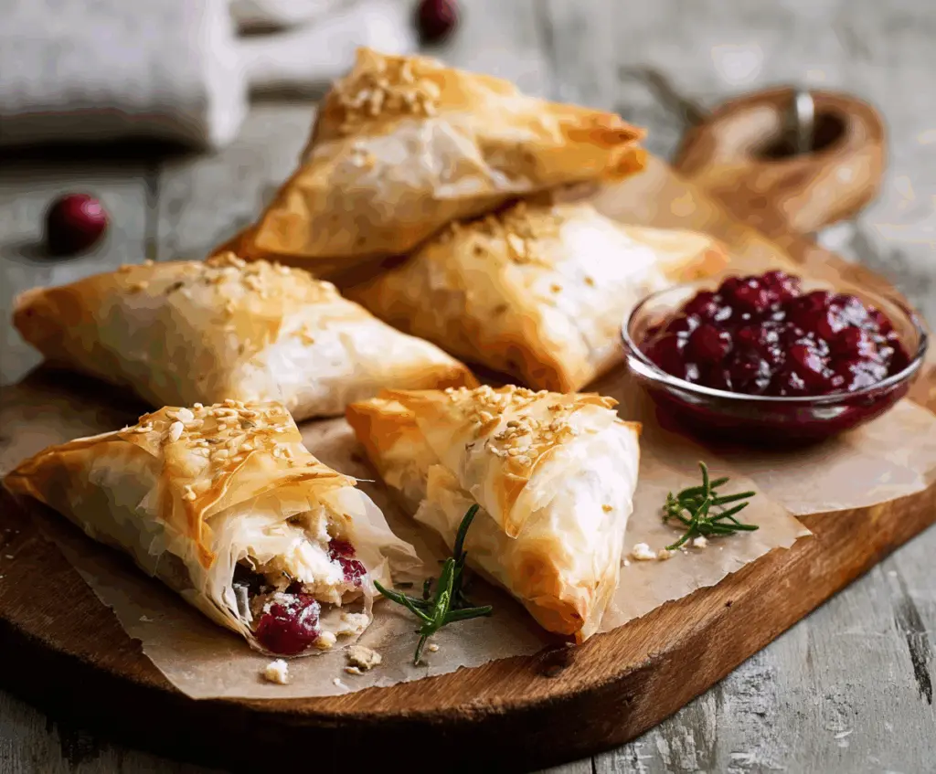 Cranberry and Brie Filo Pastries on a plate, showcasing flaky filo dough filled with creamy Brie cheese and tart cranberries.