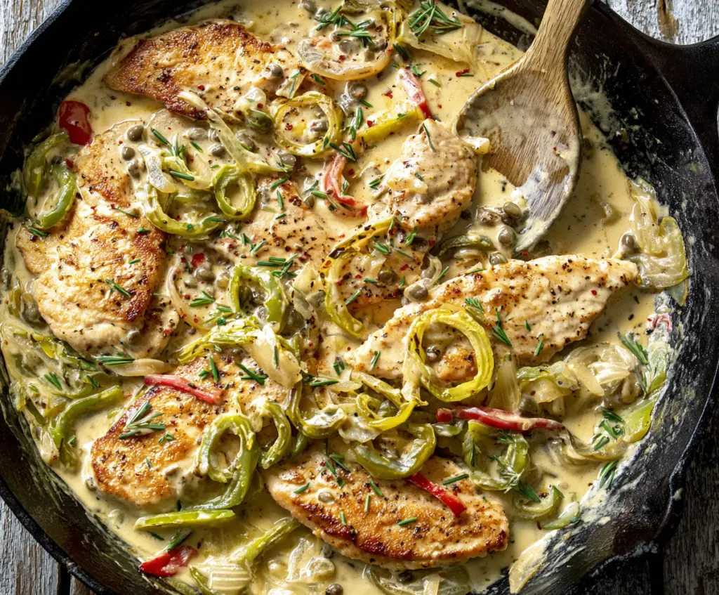Creamy Pepperoncini Chicken Skillet served with fresh herbs in a skillet.