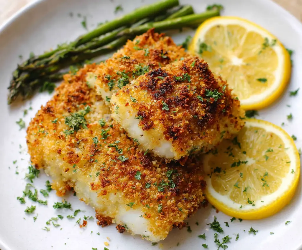 Golden crispy Air Fryer Parmesan Cod served on a white plate with lemon wedges.