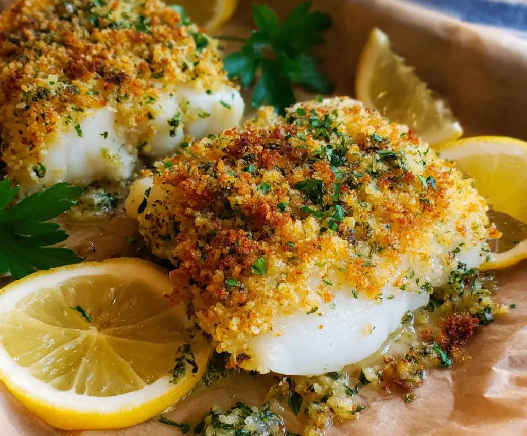 Golden crispy baked cod fillet served with lemon and herbs on a white plate.