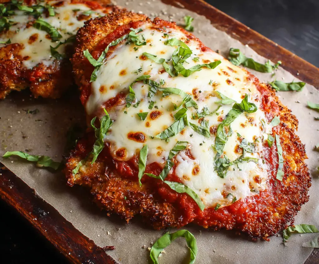 Delicious crispy chicken parmesan topped with marinara sauce and melted cheese, served on a plate.