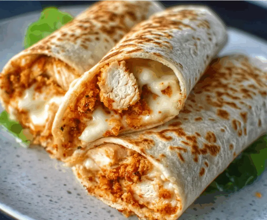 Crunchy crispy air fryer chicken and mozzarella wrap with golden-brown coating and melty cheese