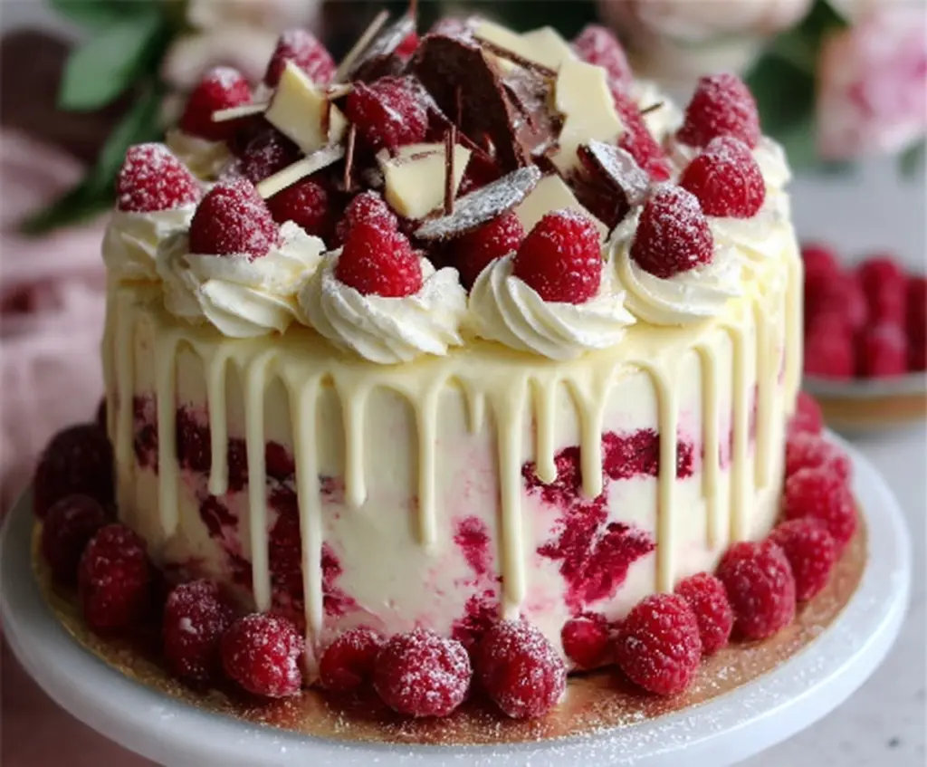 Delicious Decadent White Chocolate Raspberry Dream Cake with fresh raspberries and creamy frosting