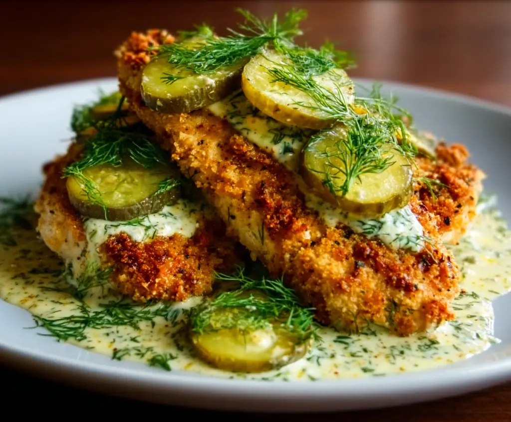 Crispy Dill Pickle Parmesan Chicken served on a rustic plate, garnished with fresh herbs.