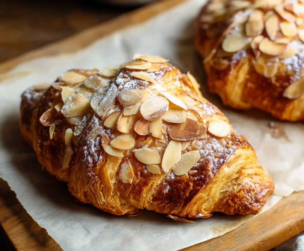 Flaky and golden almond croissants on a plate, perfect for breakfast or brunch.